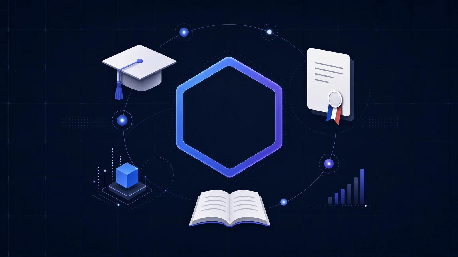 Formation IA en France — Hexagone français entouré de symboles de formation (toque de diplôme, certificat tricolore, livre ouvert, données)