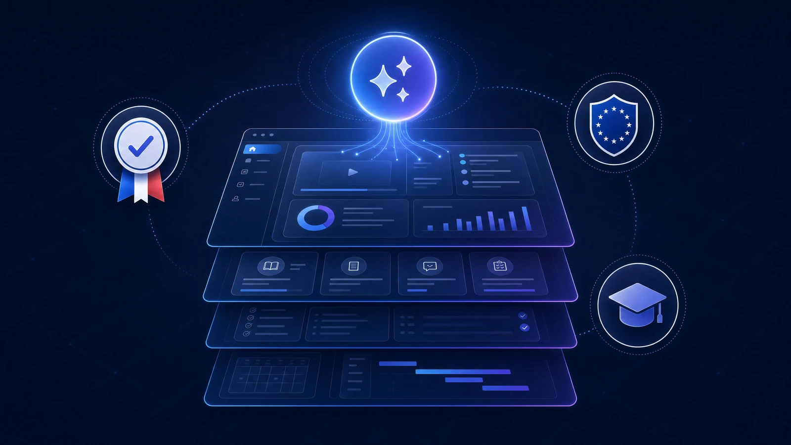 Levier-Learn™ — illustration du dashboard LMS avec mentor IA central et badges Qualiopi, sécurité européenne et conformité RGPD
